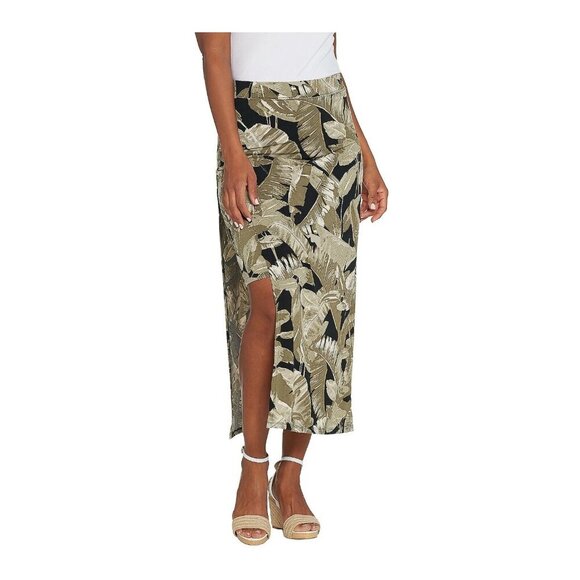 G.I.L.I. Jetsetter Side Slit Maxi Skirt Medium Black Palm Green Tropical - Picture 1 of 11